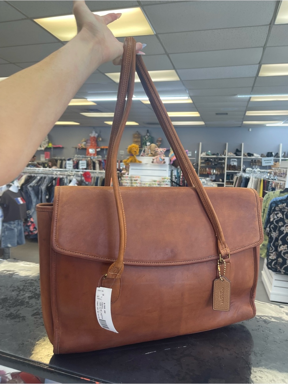 Vintage Coach and Four Brown Leather Shoulder Tote with Hanging Tag